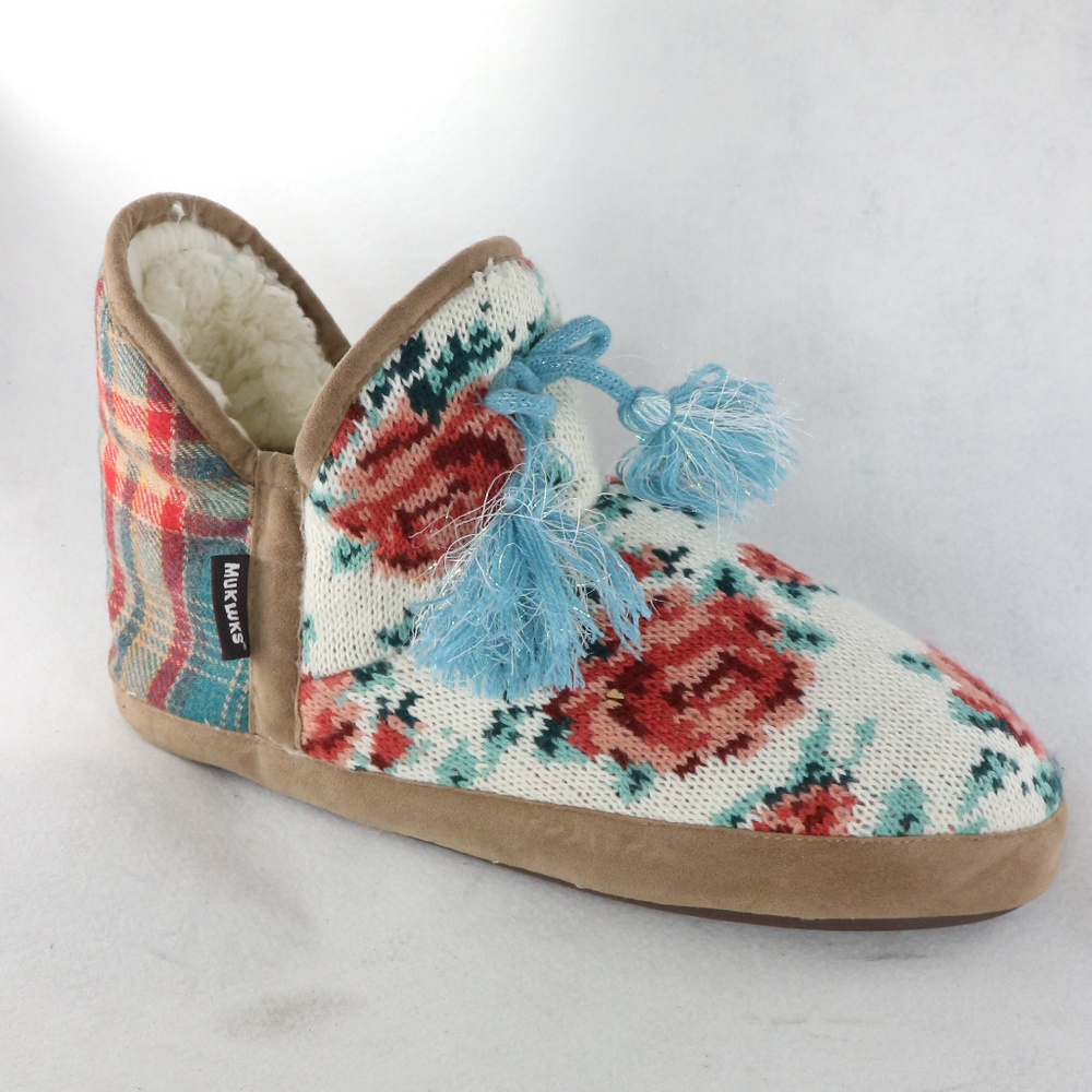 New MUK LUKS Floral Woven Lined Shearling Slippers